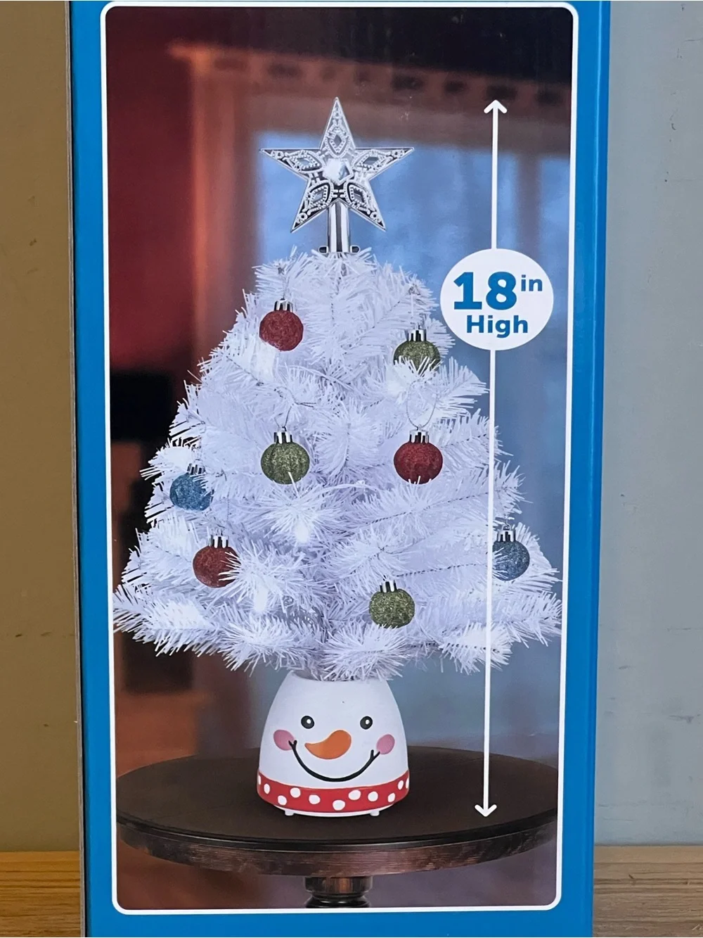 NIB 18” Novelty Tabletop White Christmas Tree On Ornament Base With Star Topper